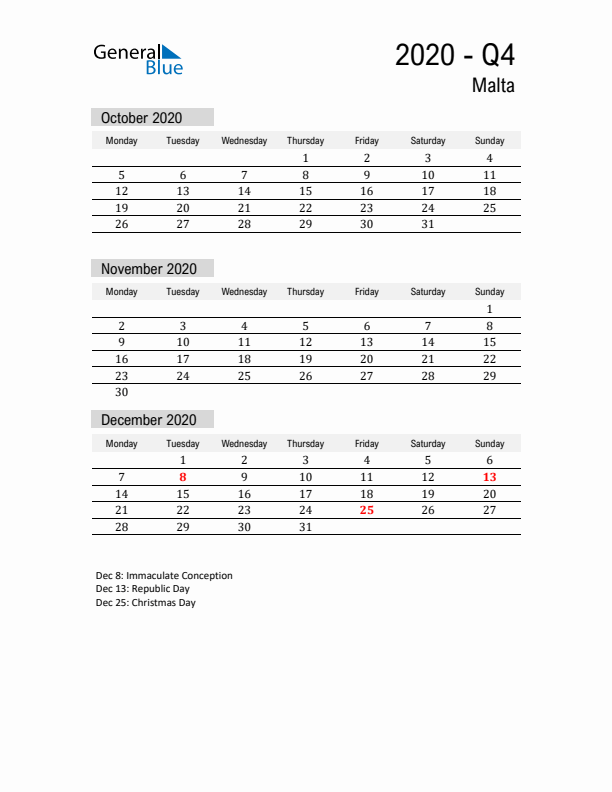 Malta Quarter 4 2020 Calendar with Holidays