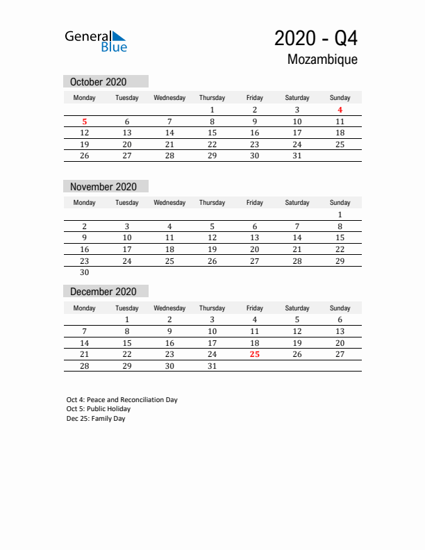 Mozambique Quarter 4 2020 Calendar with Holidays