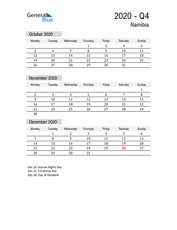 Namibia Quarter 4 2020 Calendar with Holidays