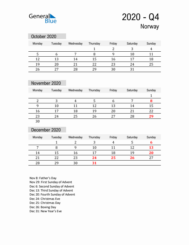 Norway Quarter 4 2020 Calendar with Holidays