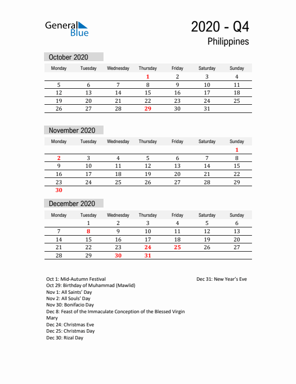 Philippines Quarter 4 2020 Calendar with Holidays