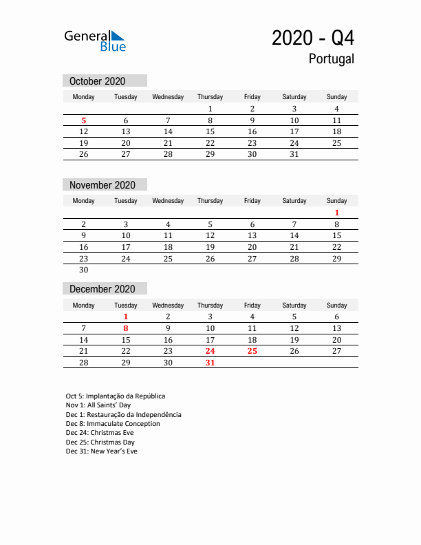 Portugal Quarter 4 2020 Calendar with Holidays