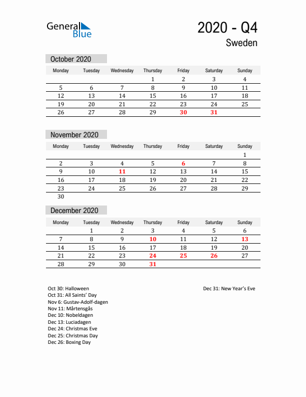 Sweden Quarter 4 2020 Calendar with Holidays