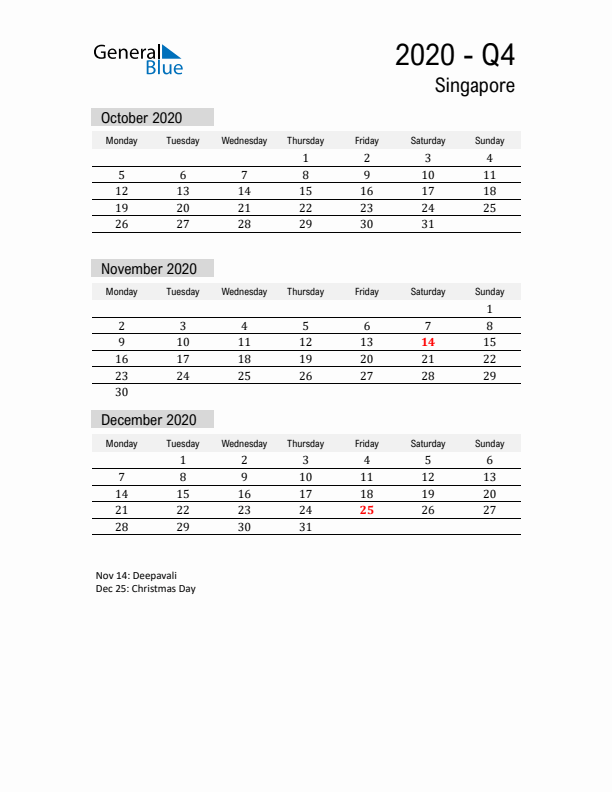 Singapore Quarter 4 2020 Calendar with Holidays