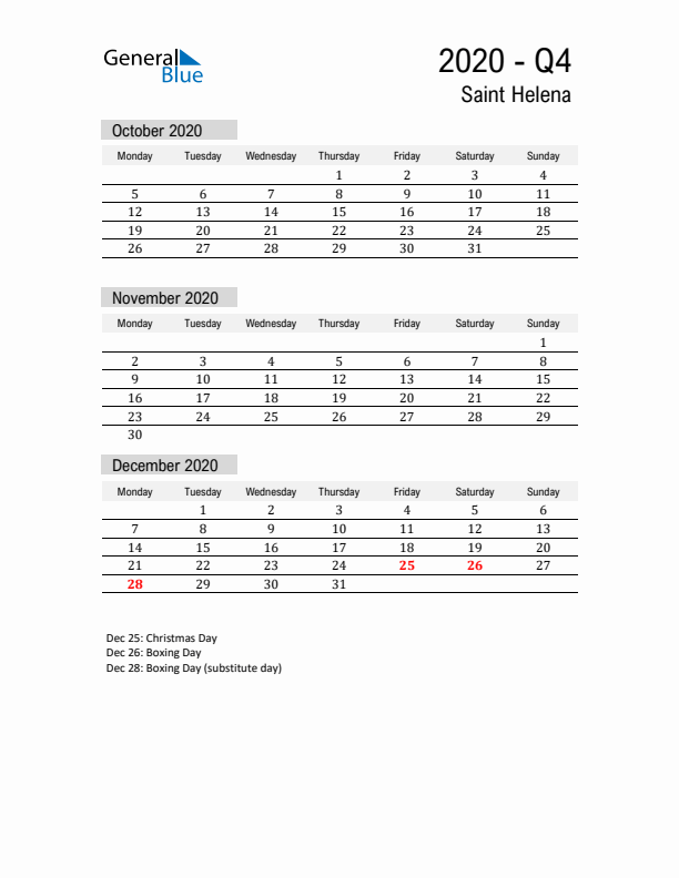 Saint Helena Quarter 4 2020 Calendar with Holidays