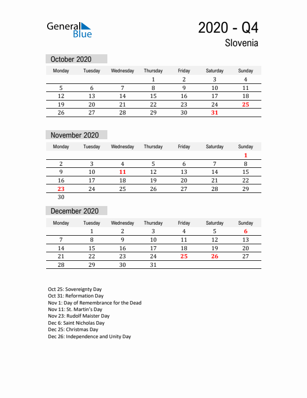 Slovenia Quarter 4 2020 Calendar with Holidays