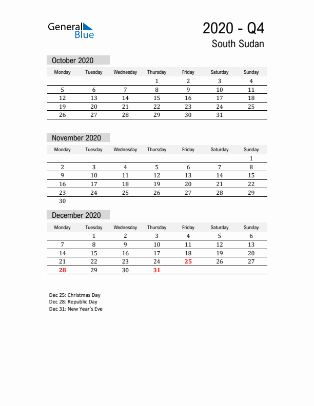 South Sudan Quarter 4 2020 Calendar with Holidays