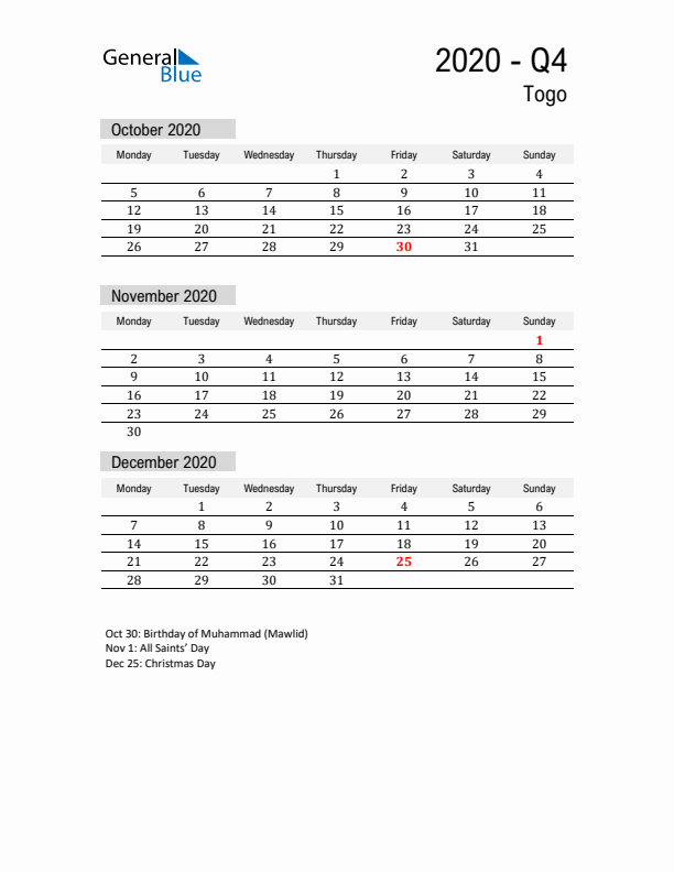 Togo Quarter 4 2020 Calendar with Holidays
