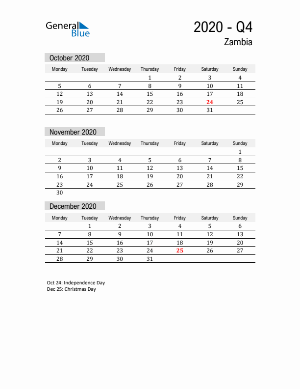 Zambia Quarter 4 2020 Calendar with Holidays