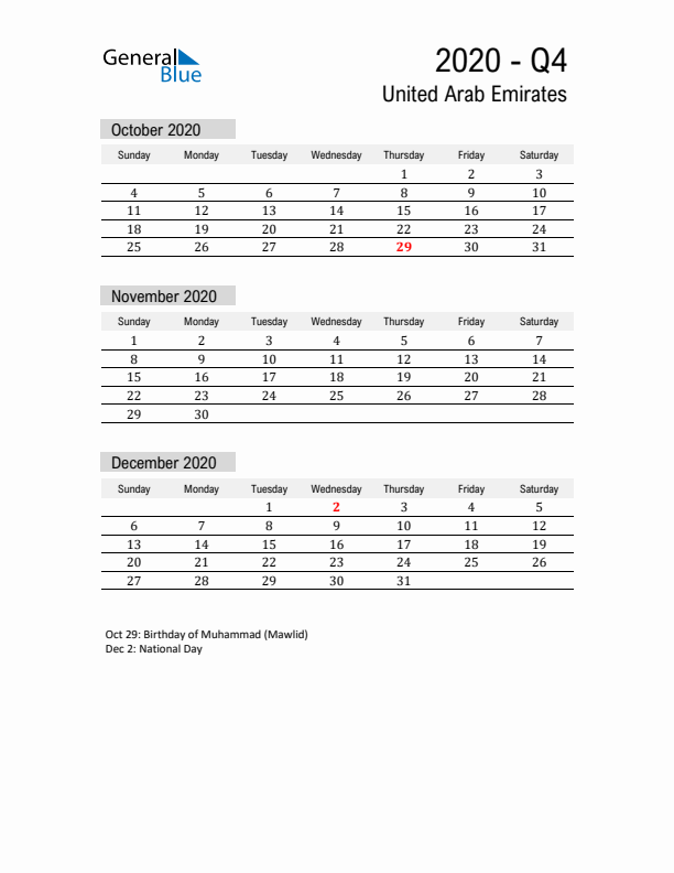 United Arab Emirates Quarter 4 2020 Calendar with Holidays