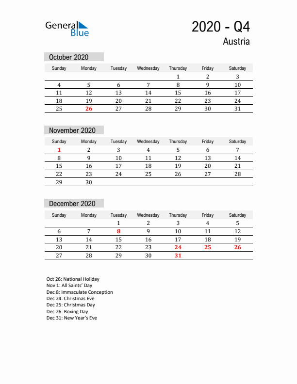 Austria Quarter 4 2020 Calendar with Holidays