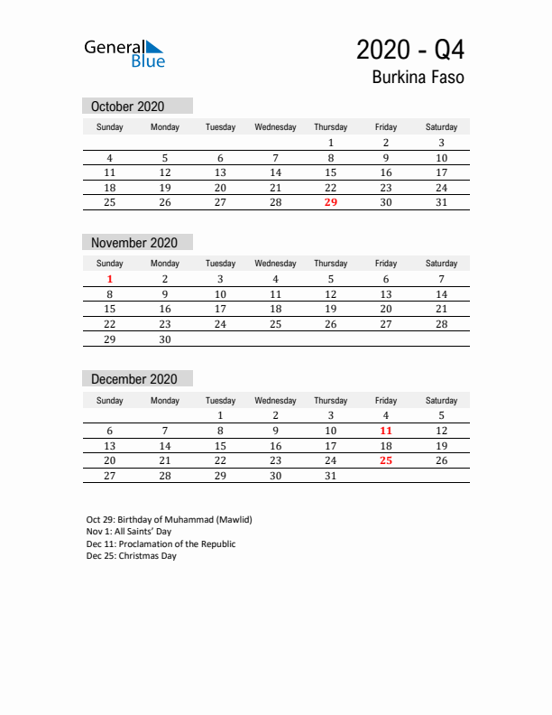 Burkina Faso Quarter 4 2020 Calendar with Holidays