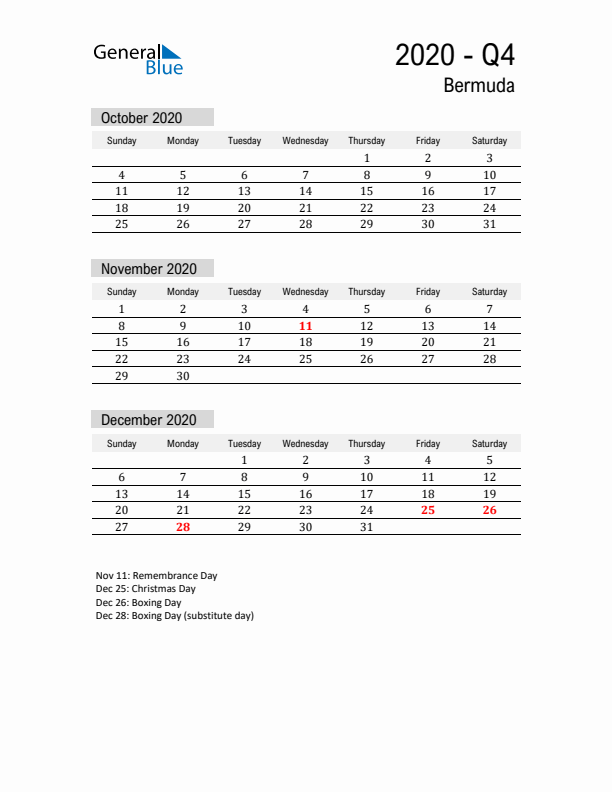 Bermuda Quarter 4 2020 Calendar with Holidays