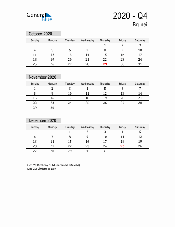 Brunei Quarter 4 2020 Calendar with Holidays