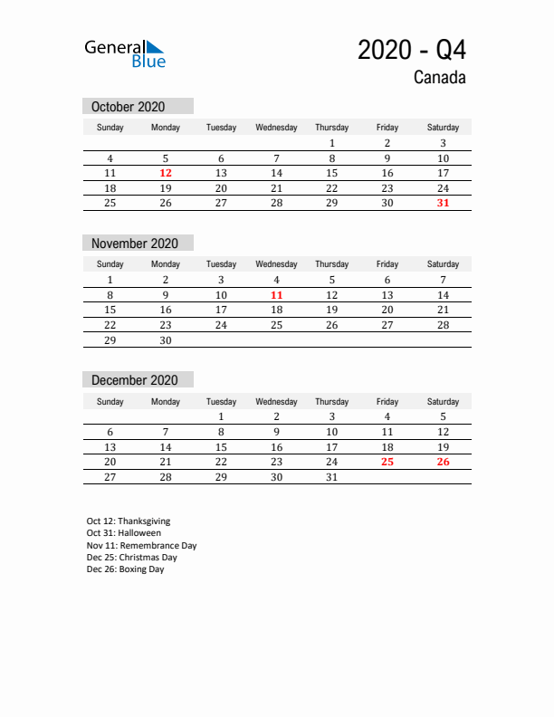 Canada Quarter 4 2020 Calendar with Holidays