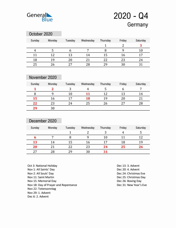 Germany Quarter 4 2020 Calendar with Holidays