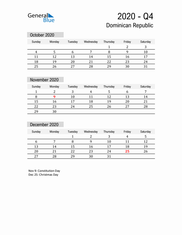 Dominican Republic Quarter 4 2020 Calendar with Holidays