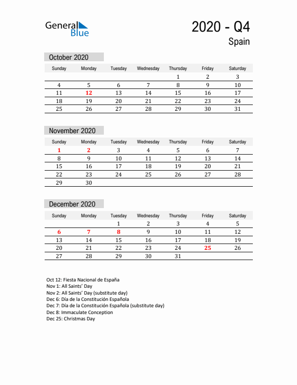 Spain Quarter 4 2020 Calendar with Holidays