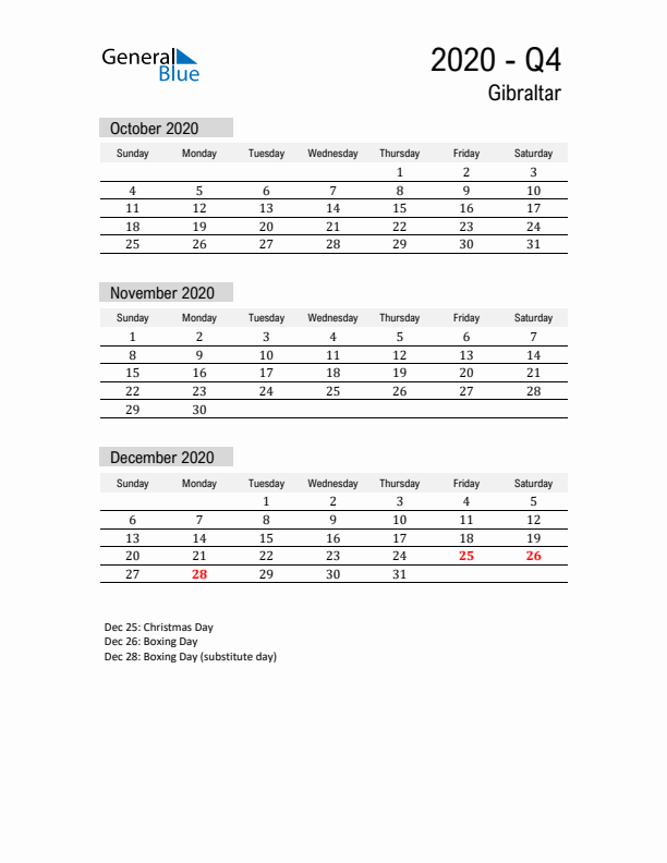 Gibraltar Quarter 4 2020 Calendar with Holidays