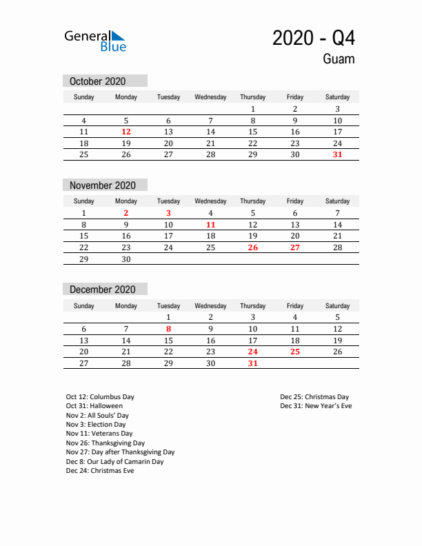 Guam Quarter 4 2020 Calendar with Holidays