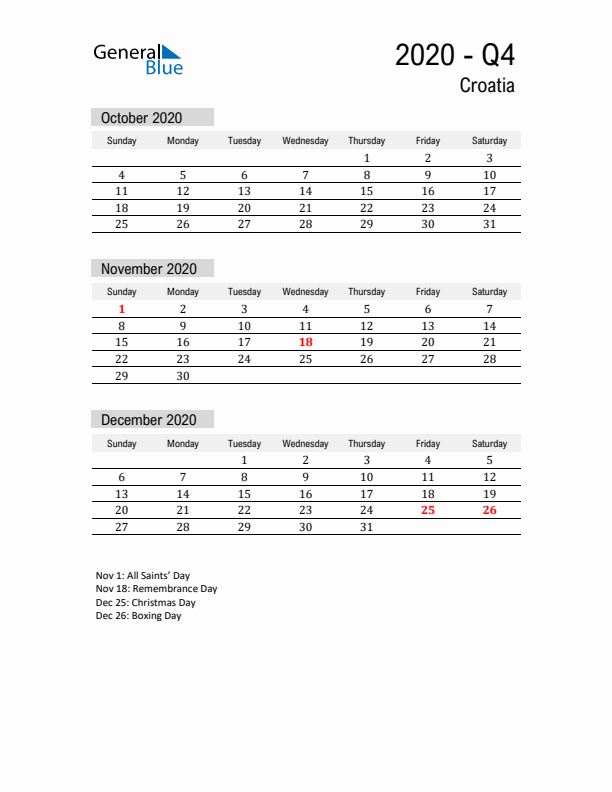 Croatia Quarter 4 2020 Calendar with Holidays