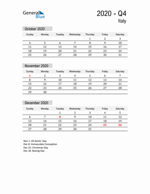 Italy Quarter 4 2020 Calendar with Holidays