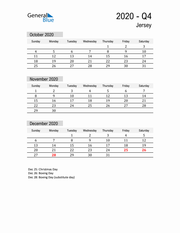 Jersey Quarter 4 2020 Calendar with Holidays
