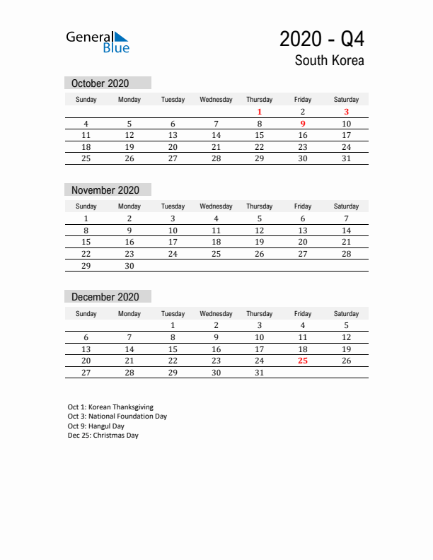 South Korea Quarter 4 2020 Calendar with Holidays