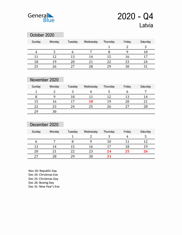 Latvia Quarter 4 2020 Calendar with Holidays