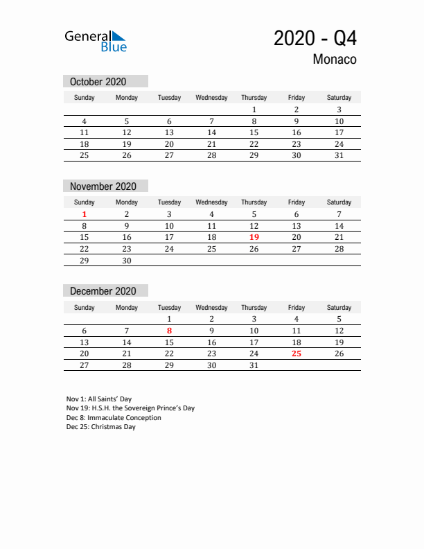 Monaco Quarter 4 2020 Calendar with Holidays