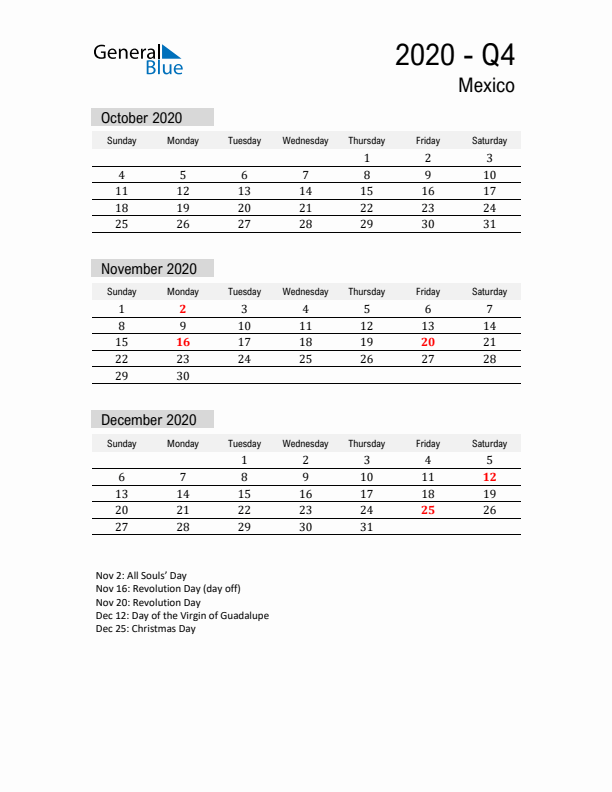 Mexico Quarter 4 2020 Calendar with Holidays