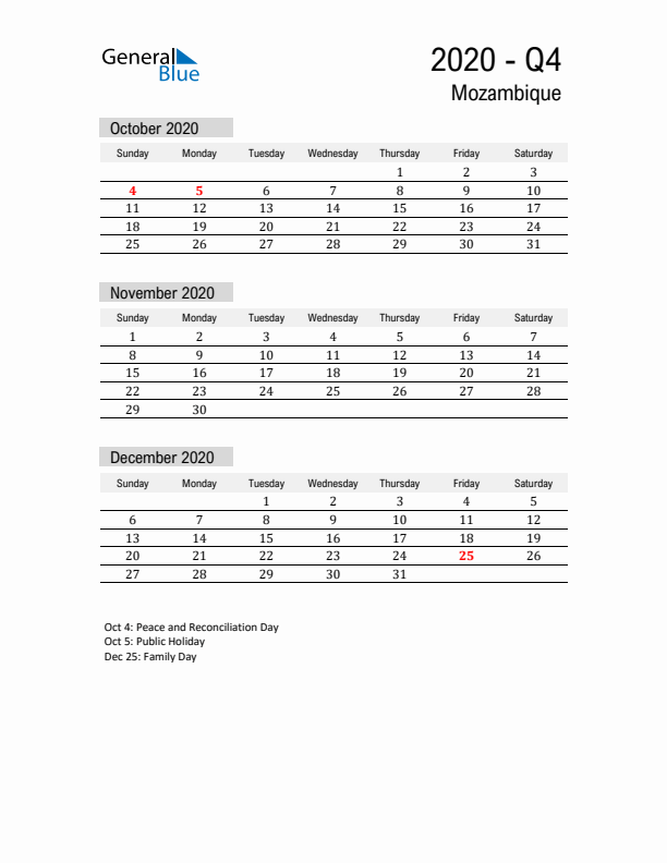 Mozambique Quarter 4 2020 Calendar with Holidays