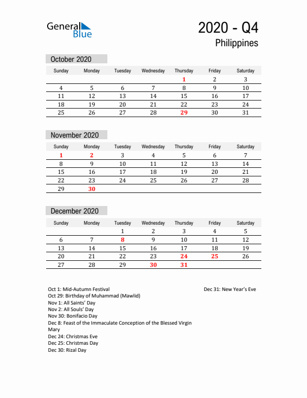 Philippines Quarter 4 2020 Calendar with Holidays