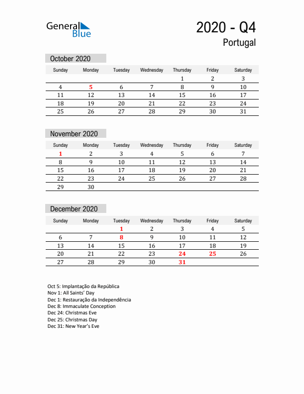 Portugal Quarter 4 2020 Calendar with Holidays