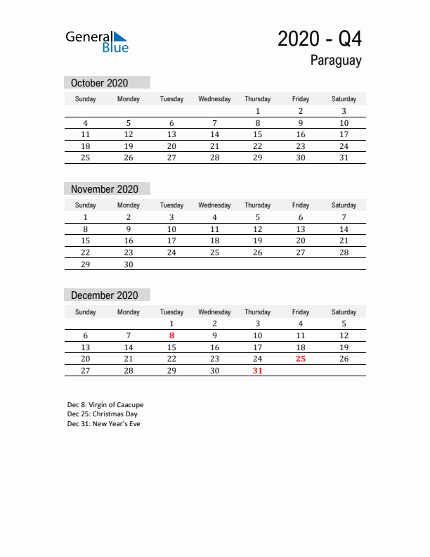 Paraguay Quarter 4 2020 Calendar with Holidays