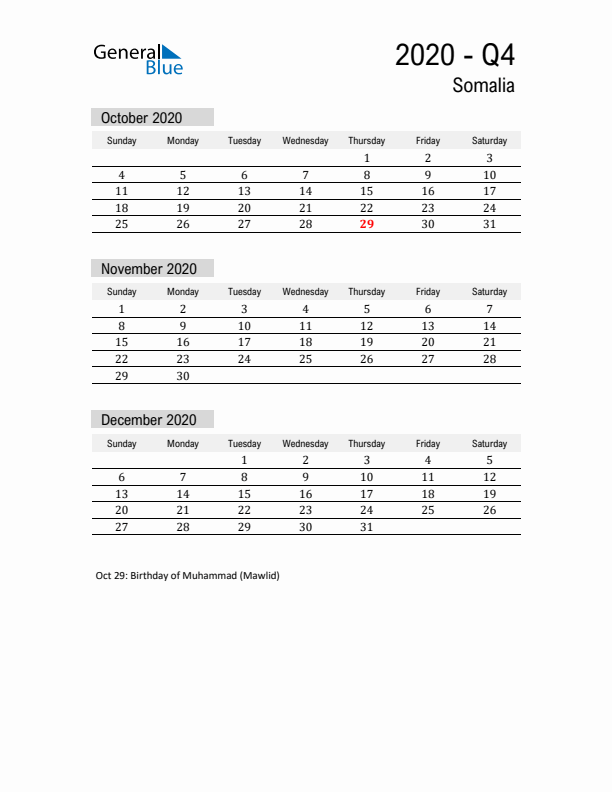 Somalia Quarter 4 2020 Calendar with Holidays