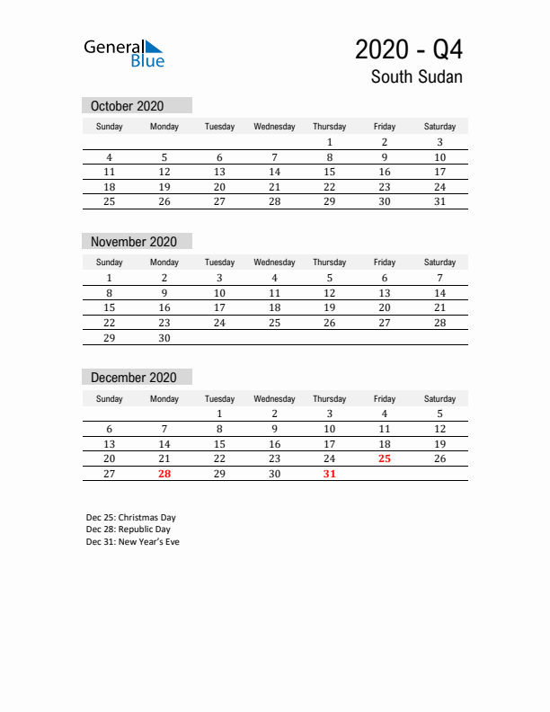 South Sudan Quarter 4 2020 Calendar with Holidays