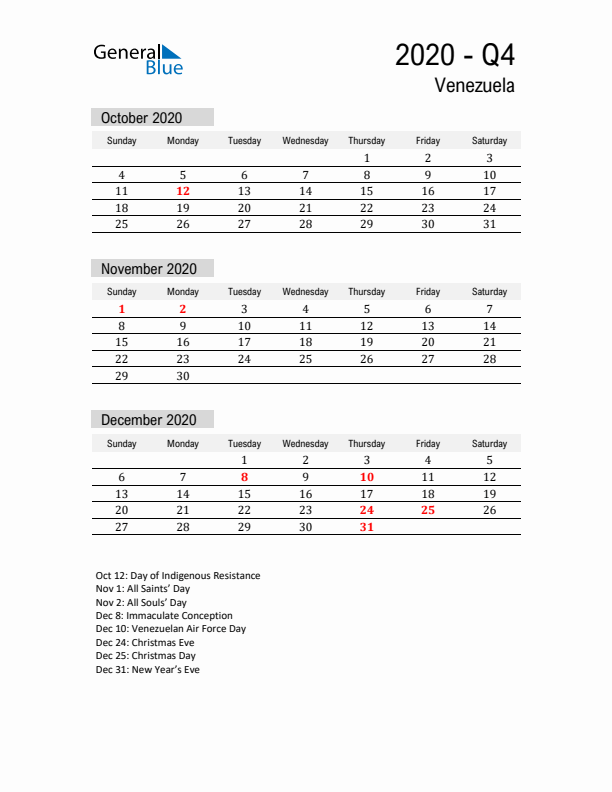 Venezuela Quarter 4 2020 Calendar with Holidays