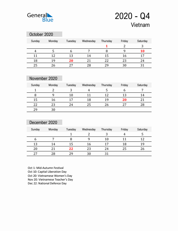 Vietnam Quarter 4 2020 Calendar with Holidays