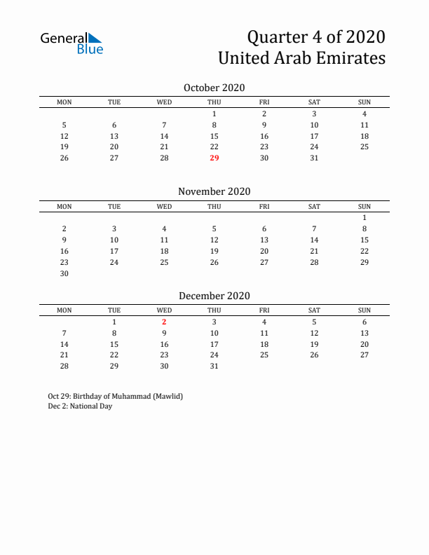 Quarter 4 2020 United Arab Emirates Quarterly Calendar