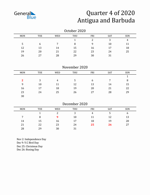 Quarter 4 2020 Antigua and Barbuda Quarterly Calendar