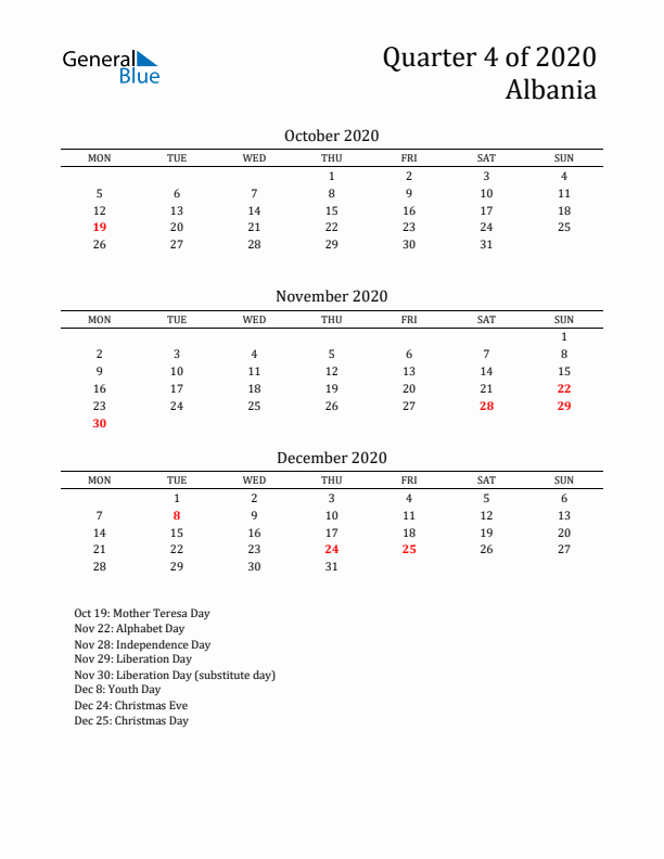 Quarter 4 2020 Albania Quarterly Calendar