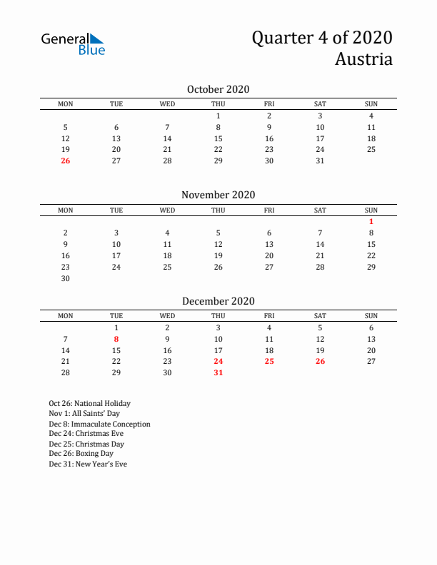 Quarter 4 2020 Austria Quarterly Calendar