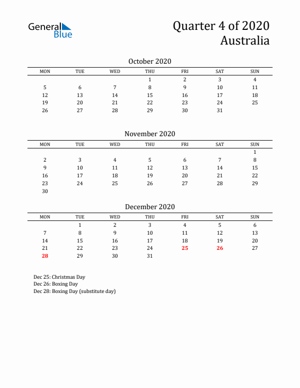 Quarter 4 2020 Australia Quarterly Calendar