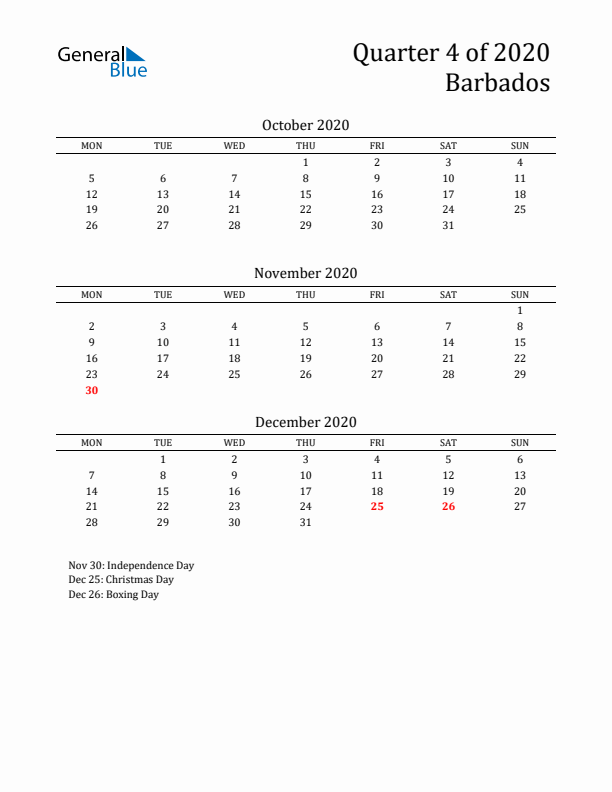 Quarter 4 2020 Barbados Quarterly Calendar