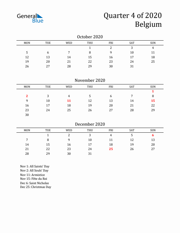 Quarter 4 2020 Belgium Quarterly Calendar