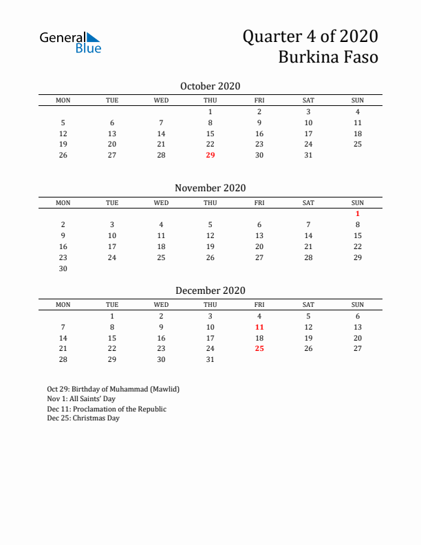 Quarter 4 2020 Burkina Faso Quarterly Calendar