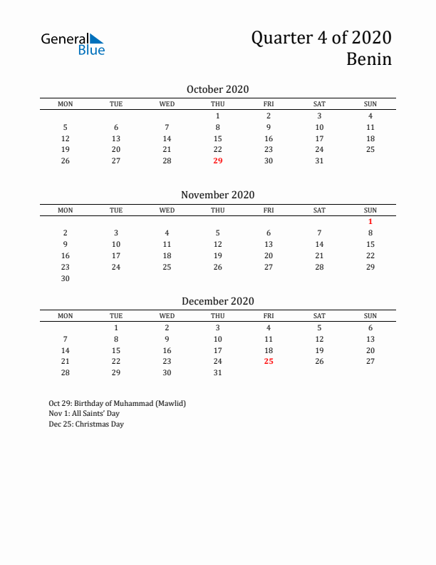 Quarter 4 2020 Benin Quarterly Calendar