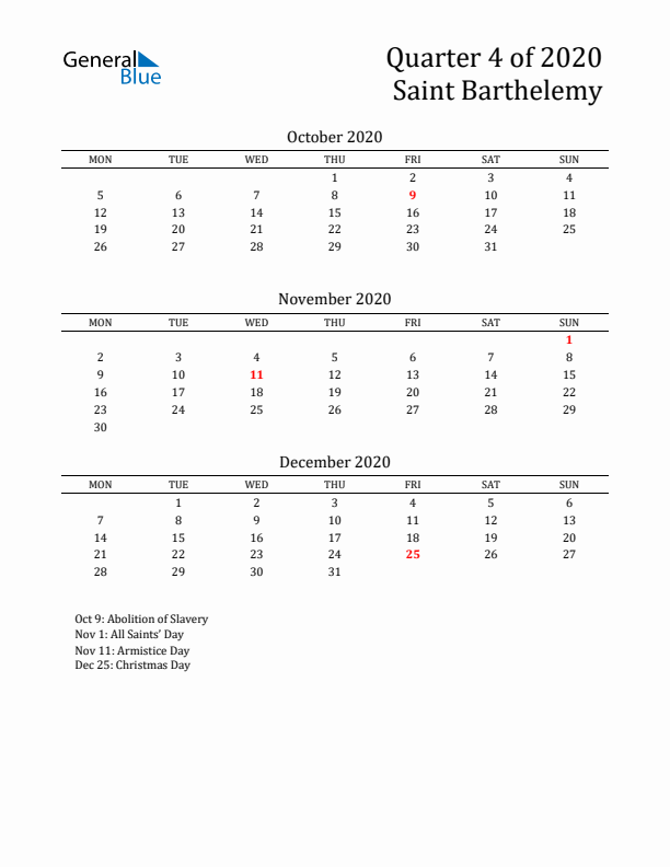 Quarter 4 2020 Saint Barthelemy Quarterly Calendar