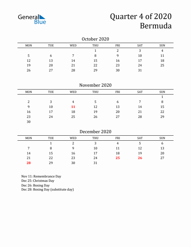 Quarter 4 2020 Bermuda Quarterly Calendar